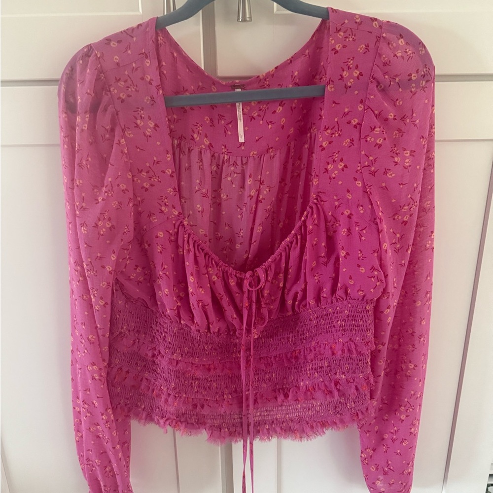 Free people lolita peasant blouse hot pink floral large ruche
